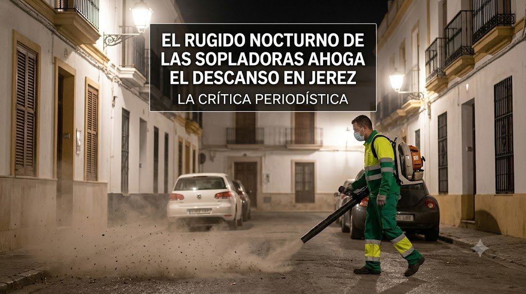 Operario con mascarilla utilizando una sopladora de limpieza viaria a altas horas de la noche en una calle estrecha del centro histórico de Jerez de la Frontera.
