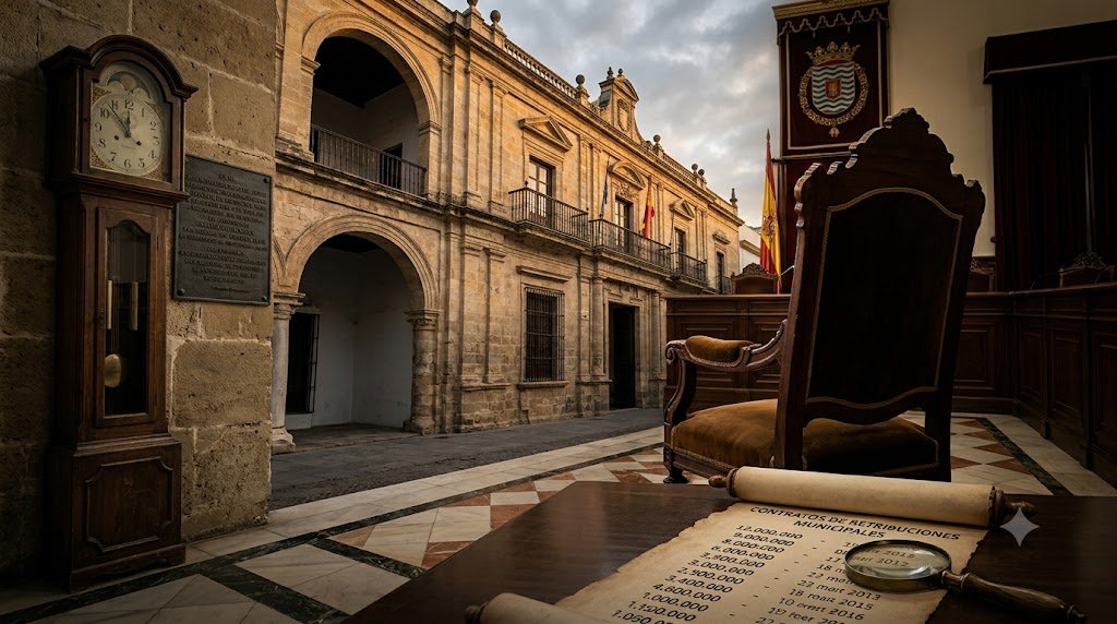 Salón de plenos del Ayuntamiento de Jerez con un pergamino de retribuciones públicas sobre la mesa.