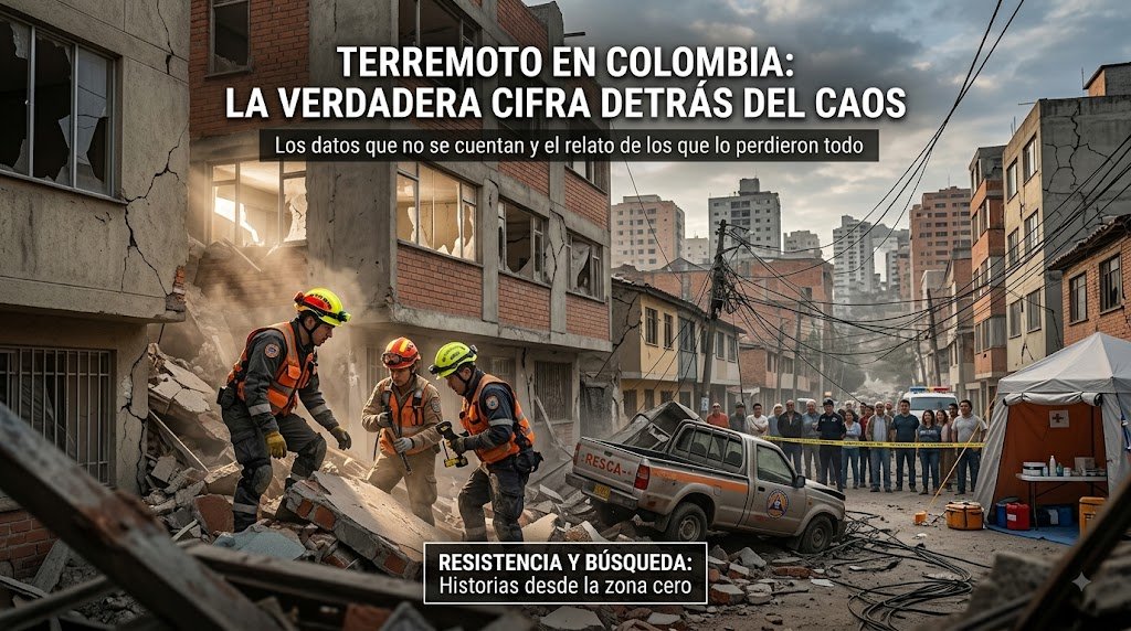 Rescatistas inspeccionan escombros tras el sismo registrado en Colombia mientras varios vecinos observan las labores de emergencia.