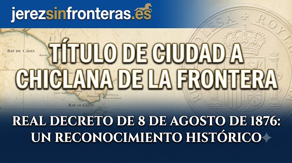 Gráfico de cabecera para jerezsinfronteras.es con fondo azul real y dorado. Muestra el titular "TÍTULO DE CIUDAD A CHICLANA DE LA FRONTERA" en letras grandes y blancas con borde dorado. Abajo, el subtítulo "REAL DECRETO DE 8 DE AGOSTO DE 1876: UN RECONOCIMIENTO HISTÓRICO". Incluye el logotipo de jerezsinfronteras.es y un fondo texturizado con un mapa antiguo de la Bahía de Cádiz y un sello real español.