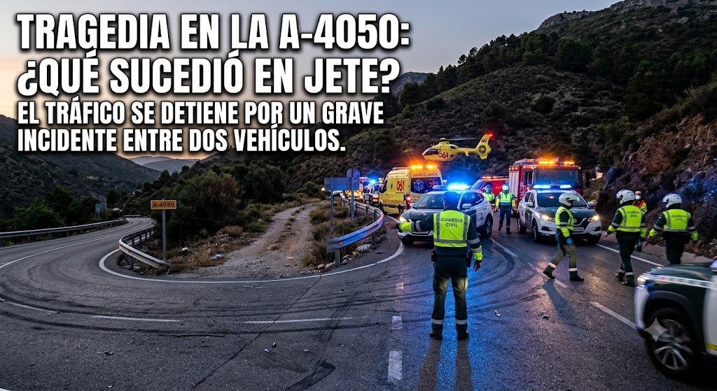 Fotografía impactante del operativo de emergencia en una carretera de montaña curva al anochecer tras un accidente mortal entre Jete y Otívar, Granada. La imagen muestra luces azules y naranjas de ambulancias, coches de la Guardia Civil y un helicóptero del 061 sobre el asfalto marcado por frenazos. Agentes de la Guardia Civil y personal sanitario trabajan en la escena. Superpuesto en la parte superior izquierda, un texto grande y llamativo dice: "TRAGEDIA EN LA A-4050: ¿QUÉ SUCEDIÓ EN JETE? EL TRÁFICO SE DETIENE POR UN GRAVE INCIDENTE ENTRE DOS VEHÍCULOS". La escena evoca tensión e intriga sin revelar el desenlace fatal.