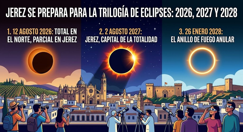 Infografía ilustrada sobre el perfil urbano de Jerez de la Frontera con el titular Jerez se prepara para la trilogía de eclipses 2026, 2027 y 2028 y tres paneles que muestran el eclipse parcial de 2026, el eclipse total de 2027 y el eclipse anular de 2028 con observadores usando telescopios y gafas de protección.