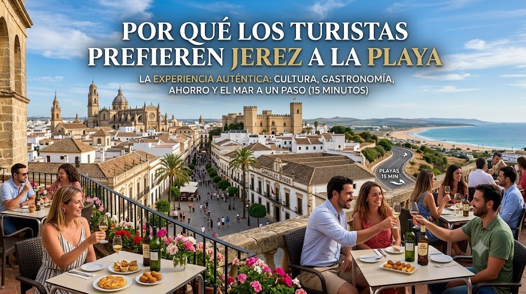 Vistas de Jerez de la Frontera con la Catedral y el Alcázar, turistas disfrutando en una terraza y el mar al fondo.