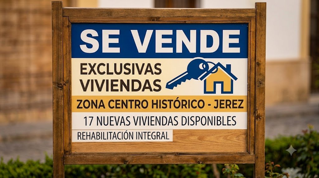 Cartel inmobiliario de madera en una calle de Jerez que anuncia "SE VENDE EXCLUSIVAS VIVIENDAS" y detalla "17 NUEVAS VIVIENDAS DISPONIBLES" en el "ZONA CENTRO HISTÓRICO", con mención a "REHABILITACIÓN INTEGRAL". El cartel incluye un logotipo de llave y casa.