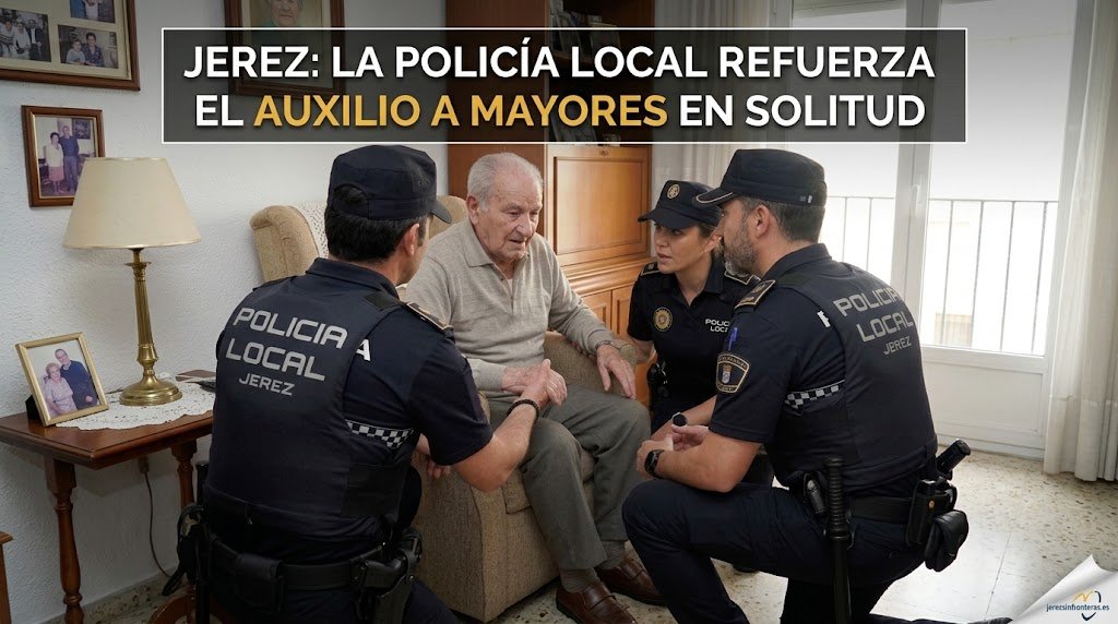 Dos agentes de la Policía Local de Jerez asisten a un anciano sentado en su sillón. El anciano parece aliviado y sostiene la mano de uno de los oficiales. Otro agente se arrodilla a su lado. La escena es cálida y compasiva. Un encabezado de texto en la parte superior derecha dice: "JEREZ: LA POLICÍA LOCAL REFUERZA EL AUXILIO A MAYORES EN SOLITUD". Un logotipo de jerezsinfronteras.es está en la esquina inferior derecha.