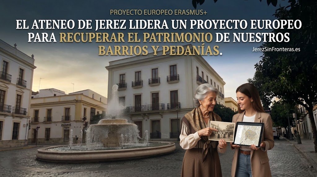 Una mujer mayor de Jerez mostrando una fotografía antigua de la ciudad junto a una joven con una tableta digital, con la fuente de la Plaza del Mamelón de fondo y el titular «El Ateneo de Jerez lidera un proyecto europeo para recuperar el patrimonio de nuestros barrios y pedanías».