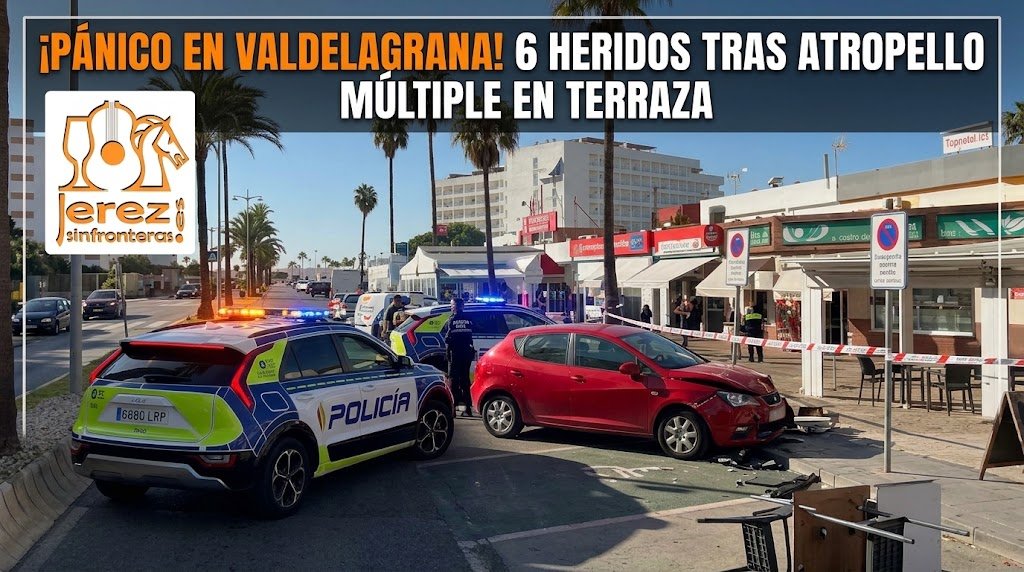 Un coche rojo accidentado junto a una furgoneta policial de la Policía Local con luces de emergencia encendidas y cinta policial de color amarillo y azul, en una calle urbana de Valdelagrana, Cádiz, España. Al fondo se ven palmeras, edificios residenciales y otros vehículos. En primer plano hay mobiliario de terraza esparcido por el suelo. Un gran texto en la parte superior izquierda dice: "¡PÁNICO EN VALDELAGRANA! 6 HERIDOS TRAS ATROPELLO MÚLTIPLE EN TERRAZA".