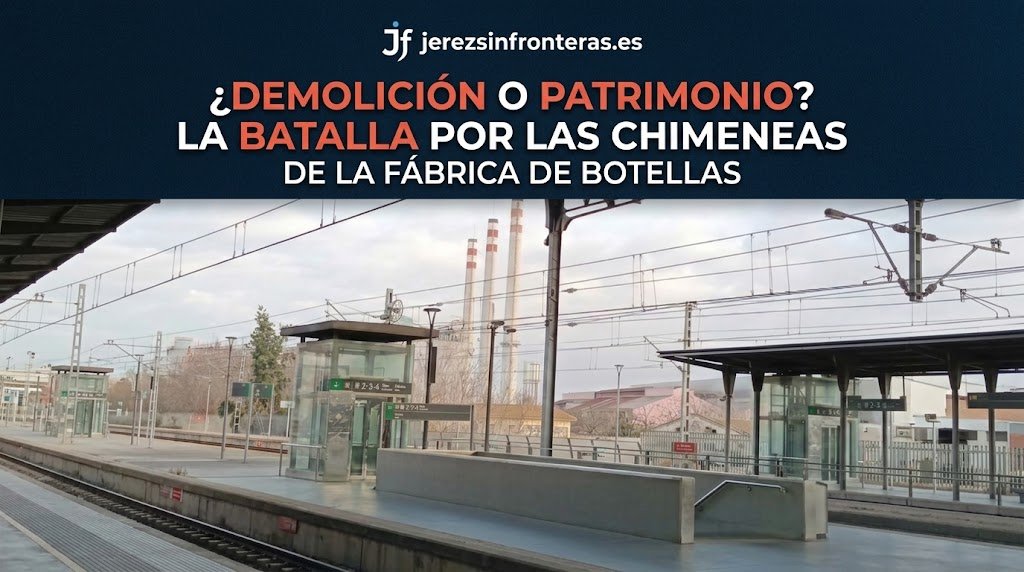 Imagen de cabecera panorámica en formato horizontal para la noticia de jerezsinfronteras.es, mostrando las vías de la estación de tren de Jerez con las tres chimeneas históricas de ladrillo de la antigua Fábrica de Botellas al fondo. En la parte superior, sobre una franja oscura, destaca el logotipo del medio y el titular en letras grandes: "¿Demolición o patrimonio? La batalla por las chimeneas de la Fábrica de Botellas".