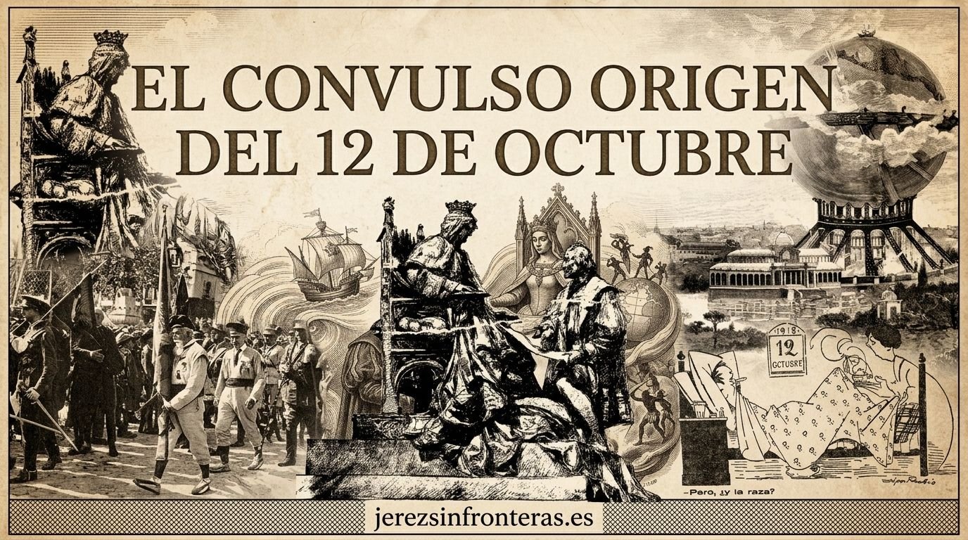 Ilustración en estilo grabado vintage que reúne los episodios históricos del 12 de octubre, incluyendo el proyecto de la gran esfera del parque del Retiro, las carabelas y el titular principal