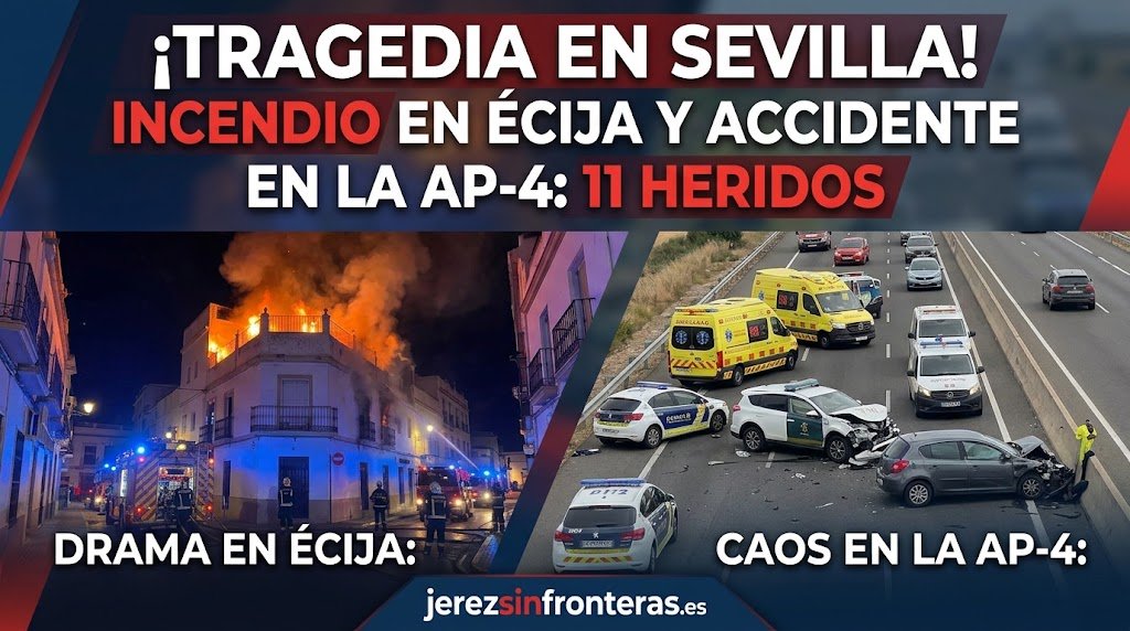 Ilustración de noticias con una composición dividida que muestra el trabajo de emergencia nocturno en el incendio de un edificio en Écija y el despliegue de ambulancias y Guardia Civil tras una colisión vial en la autopista AP-4, encabezado con el titular "¡TRAGEDIA EN SEVILLA! INCENDIO EN ÉCIJA Y ACCIDENTE EN LA AP-4: 11 HERIDOS" y la marca jerezsinfronteras.es.