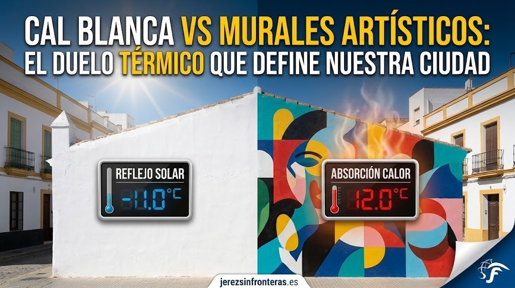 Comparativa gráfica entre una fachada de cal blanca y un mural artístico de colores reflejando la absorción y reflejo térmico