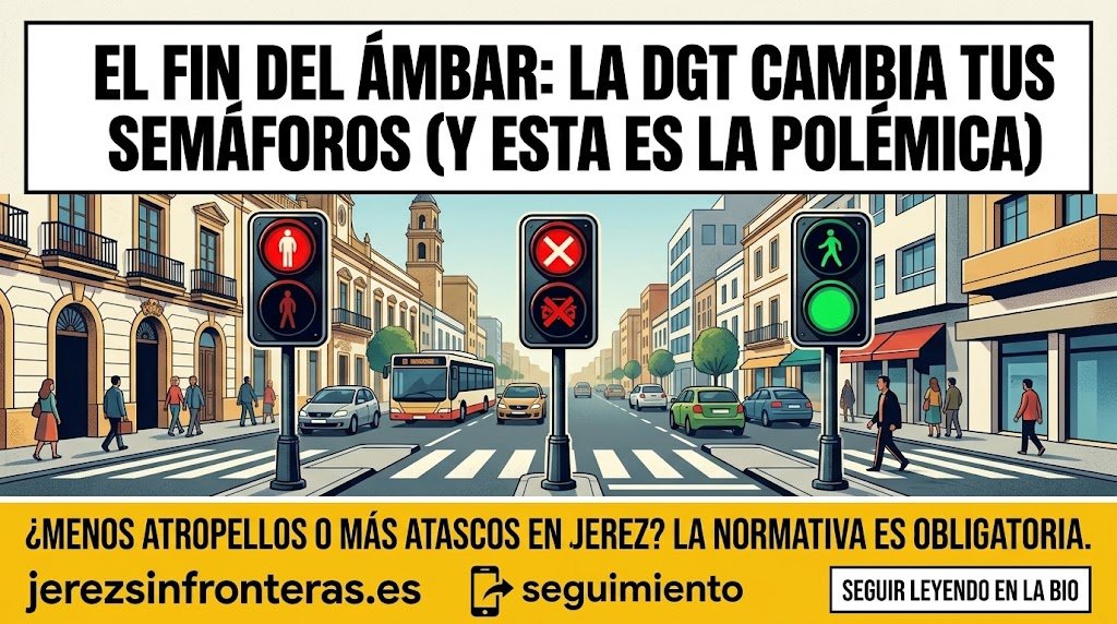 Ilustración horizontal para la cabecera del artículo que muestra el titular sobre los cambios de la DGT en los semáforos en ámbar y el tráfico de una ciudad.