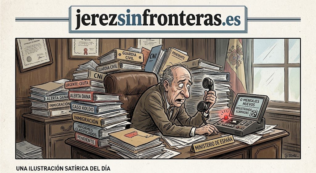 Caricatura satírica de Fernando Grande-Marlaska en su despacho desbordado por expedientes del CNI, Guardia Civil, Ceuta y la DANA mientras atiende el teléfono.