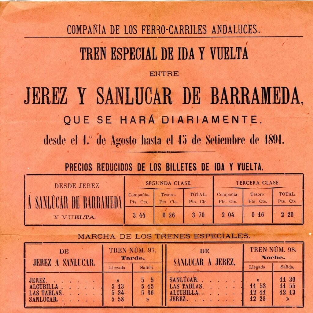 Cartel publicitario original de 1891 de la Compañía de los Ferrocarriles Andaluces detallando precios y horarios del tren especial entre Jerez y Sanlúcar de Barrameda.