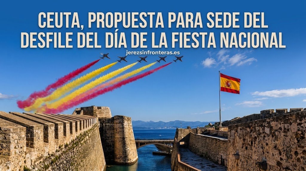 Cabecera de noticias del portal jerezsinfronteras.es que muestra una vista aérea de las Murallas Reales de Ceuta y el foso. Sobre el cielo azul, cinco aviones militares en formación de la Patrulla Águila realizan una exhibición aérea, dejando largas estelas de humo con los colores de la bandera de España (rojo, amarillo, rojo). En la parte derecha de la imagen, una gran bandera española ondea en un mástil en una torre de la muralla. En el centro superior, un titular grande y legible dice: «CEUTA, PROPUESTA PARA SEDE DEL DESFILE DEL DÍA DE LA FIESTA NACIONAL». Justo debajo, en letra más pequeña, aparece el enlace: «jerezsinfronteras.es». La escena se desarrolla en un día soleado, con el mar Mediterráneo y la costa marroquí de fondo.