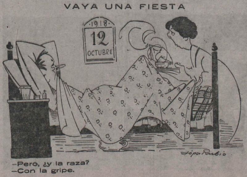 Viñeta satírica publicada en el diario La Nación en 1918 donde una mujer atiende a un hombre enfermo en cama con el titular «Vaya una fiesta» alusivo a la epidemia de gripe durante el 12 de octubre 