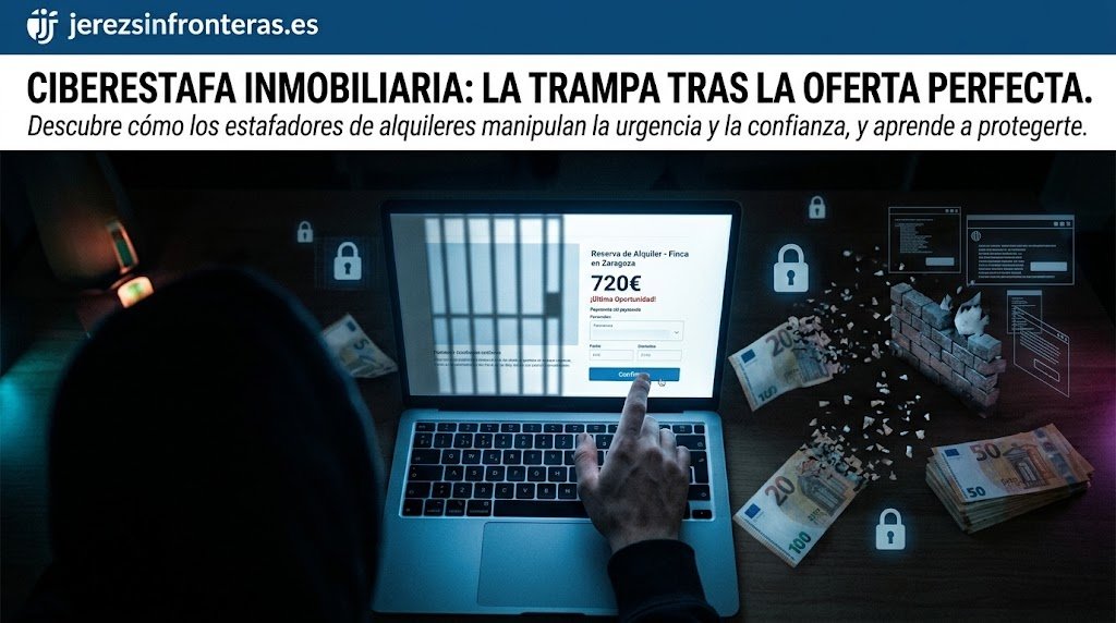 Imagen conceptual de una ciberestafa inmobiliaria con un ordenador portátil mostrando una reserva de alquiler falsa y billetes desintegrándose.