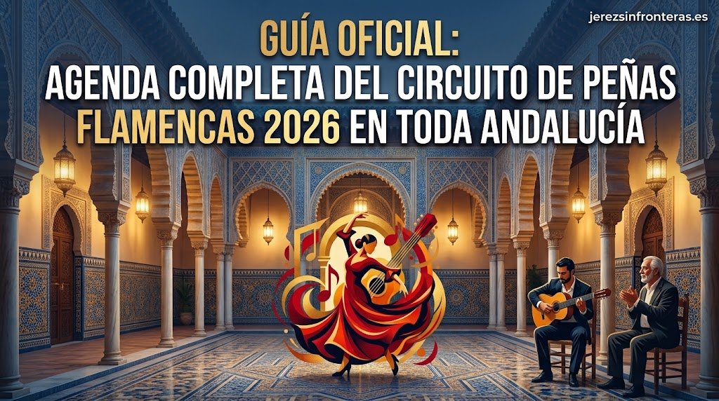 Ilustración promocional para la cabecera de la noticia sobre el Circuito Andaluz de Peñas Flamencas 2026, con una bailaora flamenca en el centro y músicos en un patio andaluz.