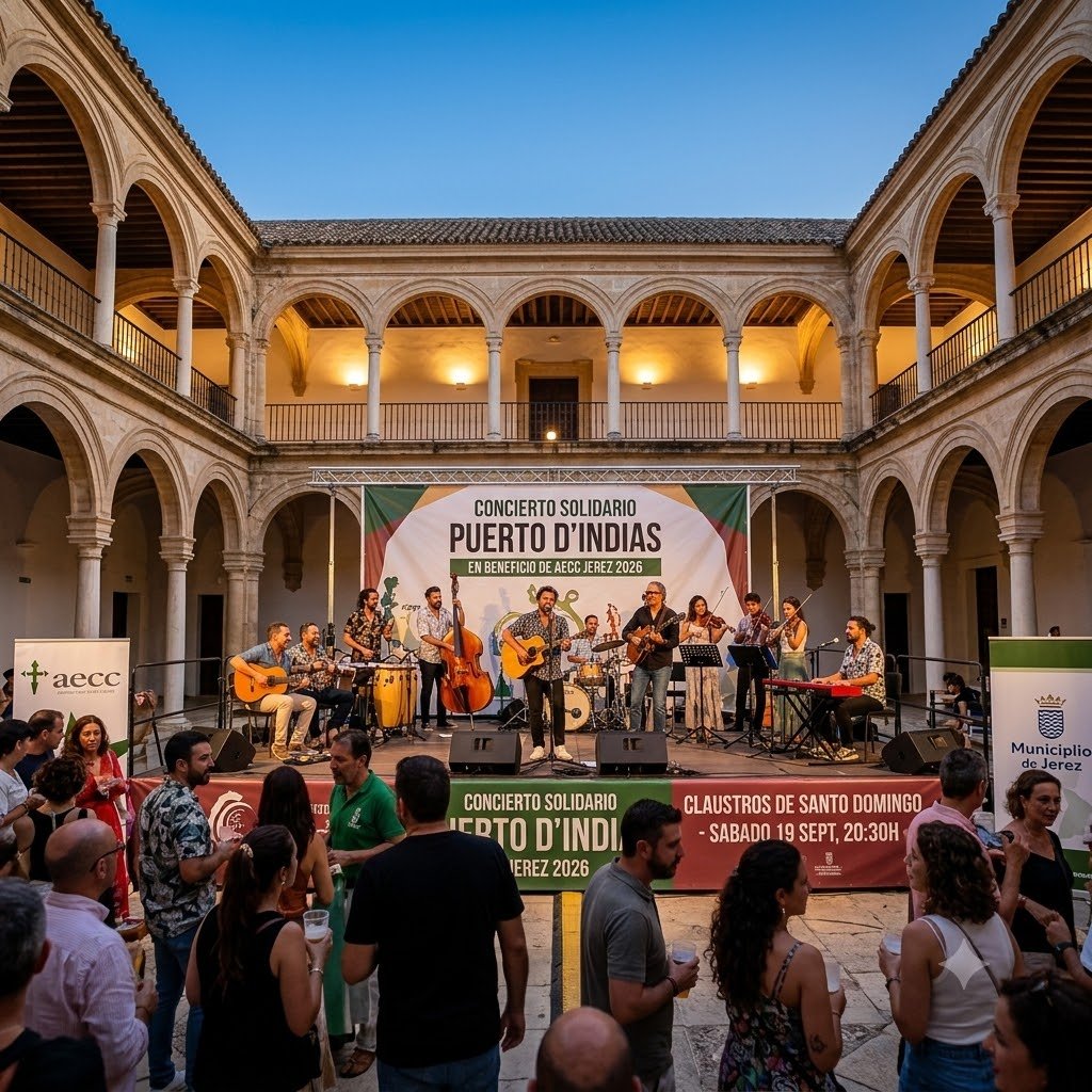 Concierto benéfico del grupo Puerto D'Indias en el patio de los Claustros de Santo Domingo en Jerez de la Frontera a favor de la AECC.