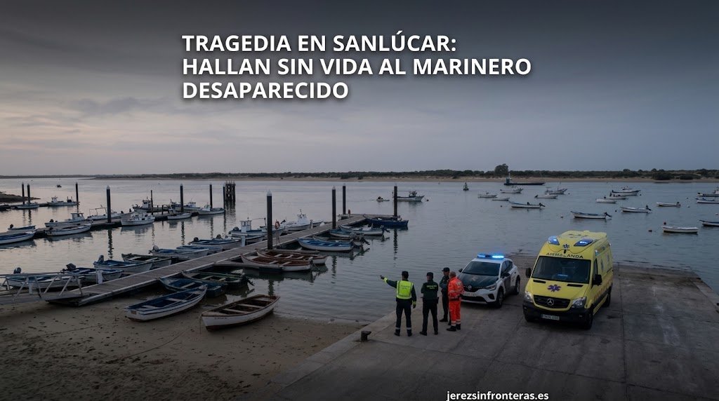 Fotografía aérea del puerto de Sanlúcar de Barrameda al amanecer, con un operativo de la Guardia Civil y una ambulancia en el muelle tras el hallazgo del cuerpo de un marinero desaparecido.
