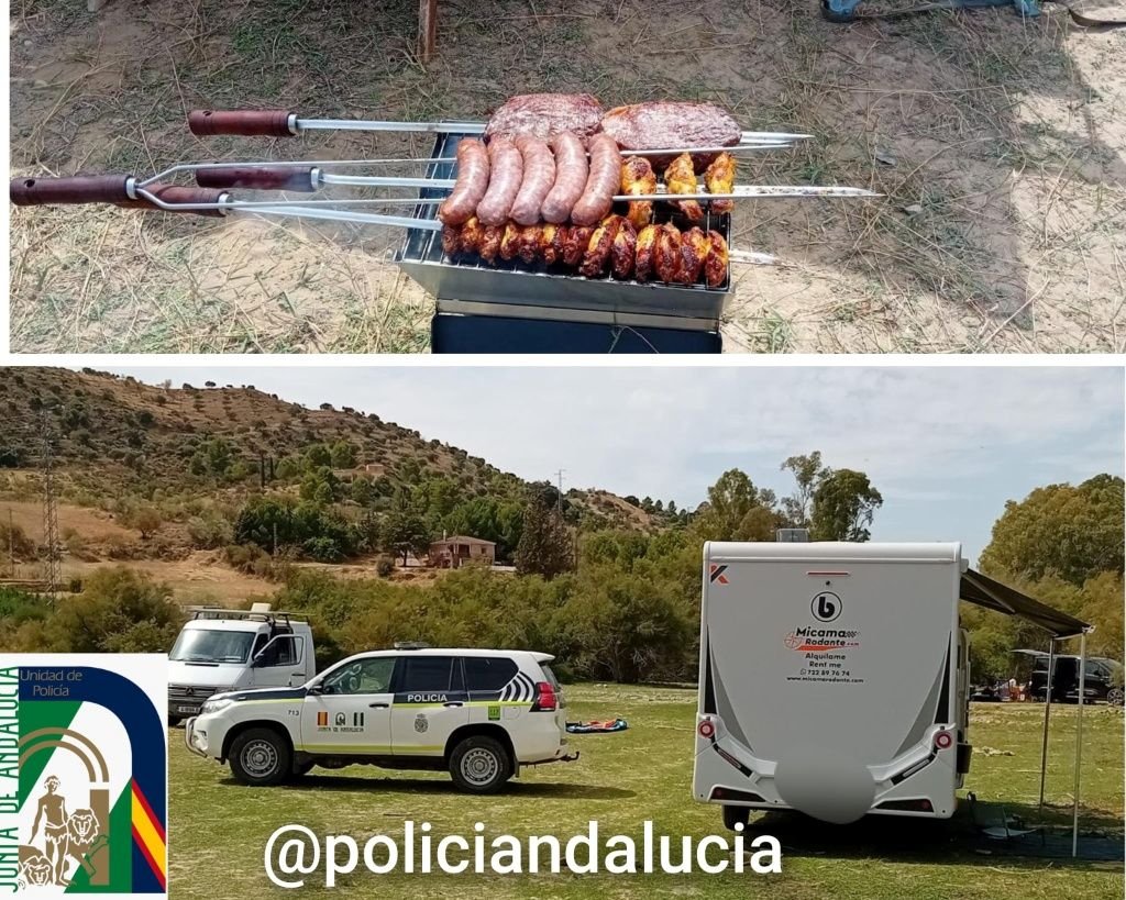 Barbacoa encendida en el suelo y vehículo de la Policía Adscrita a Andalucía interviniendo una acampada ilegal en un entorno natural.