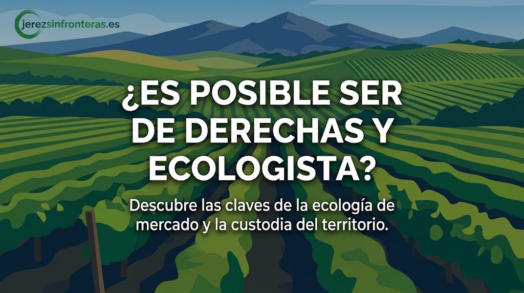 Ilustración gráfica de un extenso viñedo verde con filas organizadas bajo un cielo azul-gris con montañas. El logotipo de 'jerezsinfronteras.es' está en la esquina superior izquierda. Un texto en negrita en el centro dice: '¿ES POSIBLE SER DE DERECHAS Y ECOLOGISTA?'. Un texto secundario debajo dice: 'Descubre las claves de la ecología de mercado y la custodia del territorio.'.
