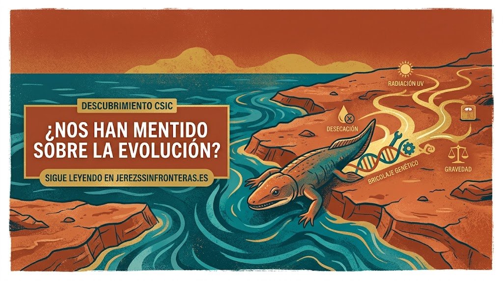Ilustración de estilo vintage que muestra a una criatura anfibia ancestral saliendo del agua hacia tierra firme. A la izquierda, un recuadro de texto en español dice "¿NOS HAN MENTIDO SOBRE LA EVOLUCIÓN? DESCUBRIMIENTO CSIC." Debajo, una barra dice "SIGUE LEYENDO EN JEREZSSINFRONTERAS.ES". Varias líneas de ramificación doradas conducen desde el agua, etiquetadas con iconos y texto en español para "DESECACIÓN", "RADIACIÓN UV", "GRAVEDAD" y "BRICOLAJE GENÉTICO", este último asociado con una hélice de ADN y herramientas. El estilo es de póster retro con colores apagados de agua verde-azulada y tierra terracota.
