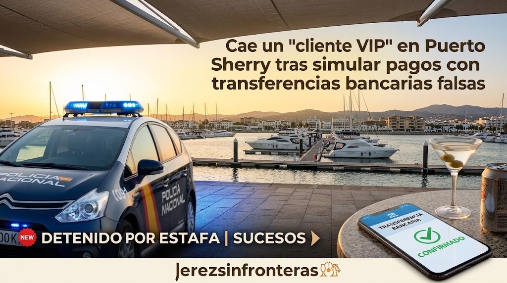 Vehículo de la Policía Nacional con luces de emergencia encendidas frente al pantalán de Puerto Sherry en El Puerto de Santa María, con barcos de recreo al atardecer y un teléfono móvil mostrando un justificante de transferencia bancaria sobre una mesa.