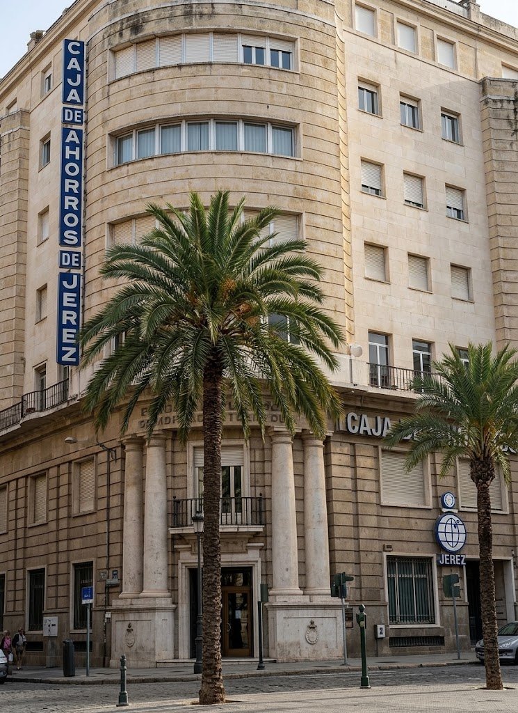 Edificio expresionista de la Caja de Ahorros de Jerez en la Plaza del Arenal inaugurado en 1961.