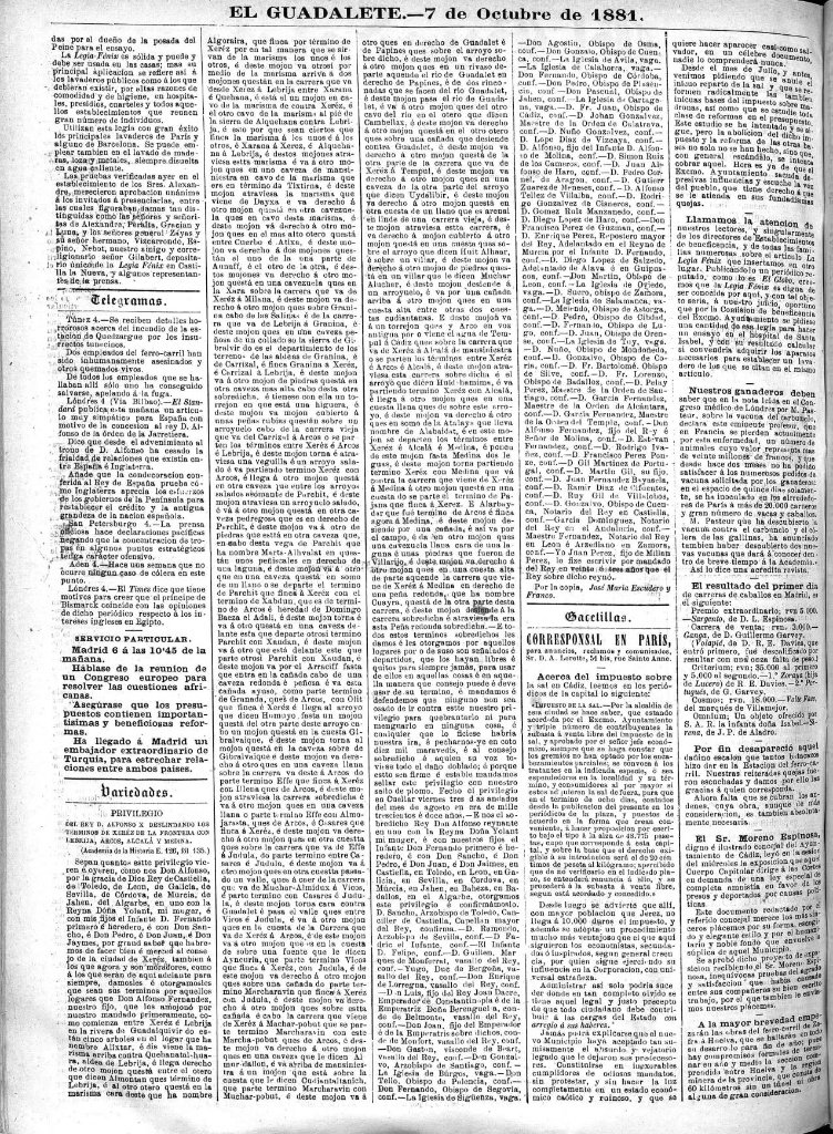 Página histórica del periódico El Guadalete del 7 de octubre de 1881 con la transcripción del privilegio del deslinde de Jerez de 1274 firmado por Alfonso X.