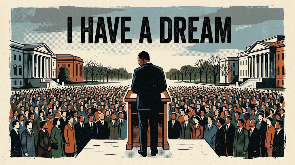 Ilustración de un hombre de espaldas dando un discurso en un estrado ante una multitud, representando la fecha del discurso I have a dream de Martin Luther King.