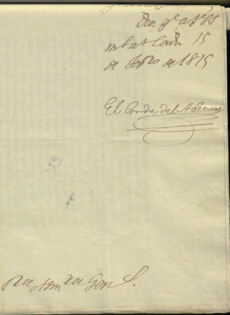 Firma autógrafa del Conde del Abisbal con fecha 15 de febrero de 1815 en el documento oficial.