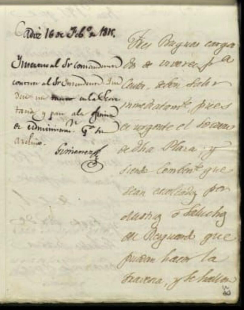 Manuscrito original de 1815 que detalla la orden de envío urgente de víveres desde Cádiz a Ceuta.