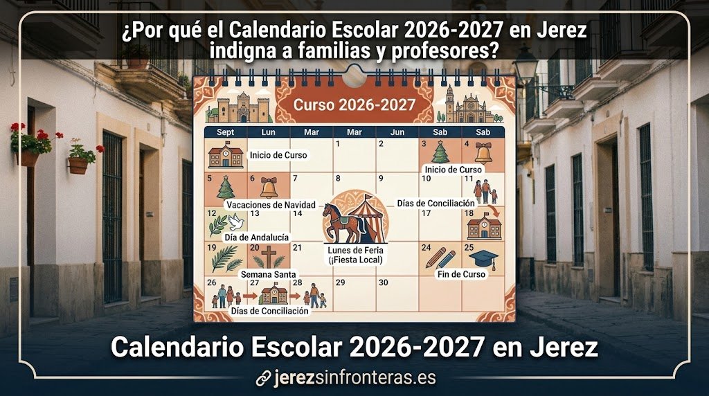 Gráfico detallado del Calendario Escolar 2026-2027 para Jerez de la Frontera, con iconos que marcan el inicio del curso en septiembre, las vacaciones de Navidad, el Día de Andalucía con un megapuente, la Semana Santa y el festivo local del Lunes de Feria con un caballo de feria. En la parte superior, el titular del artículo plantea: "¿Por qué el Calendario Escolar 2026-2027 en Jerez indigna a familias y profesores?". El gráfico muestra una vista completa y legible de todos los hitos clave sobre un fondo ilustrado que recrea una calle de Jerez con la Catedral.
