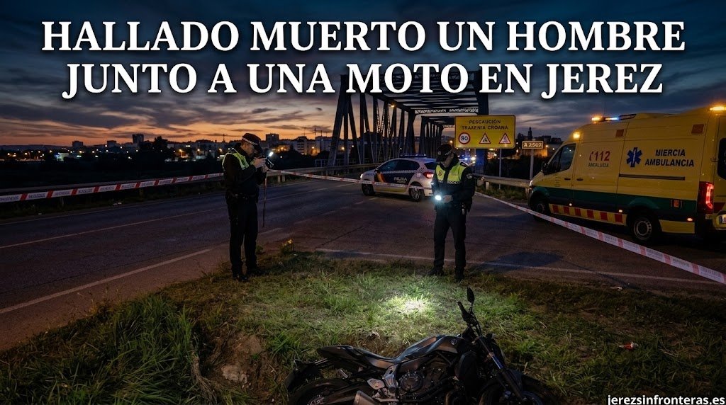 Agentes de la Policía Local e integrantes de emergencias investigan el hallazgo de un hombre muerto junto a una motocicleta en la cuneta de la carretera A-2002, cerca del antiguo puente de Cádiz en Jerez.