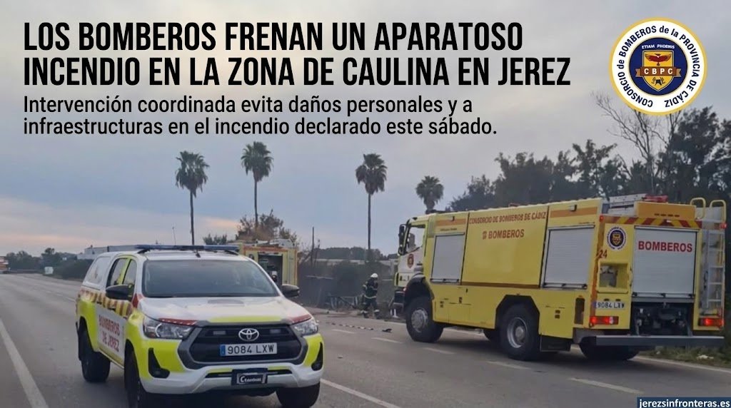 Vehículos del Consorcio de Bomberos de la Provincia de Cádiz trabajando en la extinción de un incendio en la zona de Caulina en Jerez.