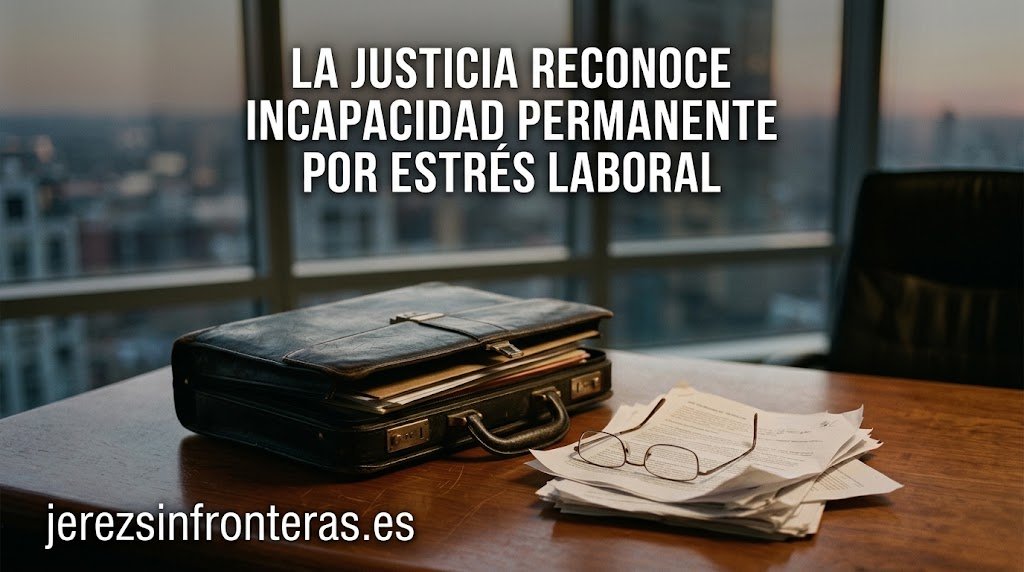Maletín de cuero semiabierto, gafas de lectura e informes de trabajo sobre una mesa de despacho para ilustrar la incapacidad permanente por estrés laboral.