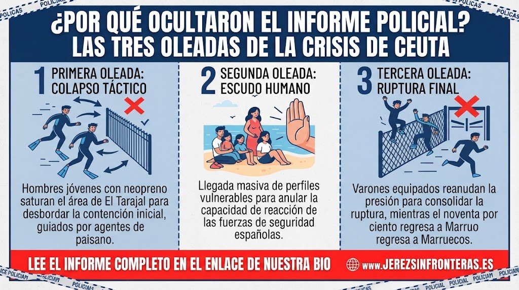 Infografía explicativa dividida en tres columnas que detalla las fases y el contenido del informe policial sobre la crisis fronteriza de Ceuta, con titular superior y llamada a la lectura.