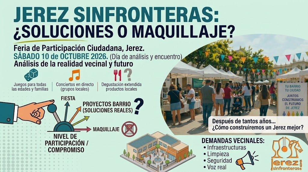Infografía sobre la Feria de Participación Ciudadana en Jerez de la Frontera, con el titular "¿SOLUCIONES O MAQUILLAJE?". Feria de Participación Ciudadana en Jerez