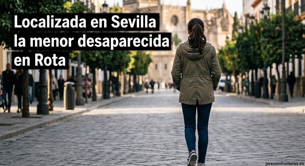 Joven de espaldas caminando por una calle peatonal con el titular sobreimpreso Localizada en Sevilla la menor desaparecida en Rota y la marca de agua de jerezsinfronteras.es.