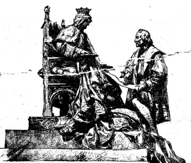 Dibujo de época del monumento esculpido por Mariano Benlliure en Granada que representa la audiencia de Isabel la Católica y Cristóbal Colón