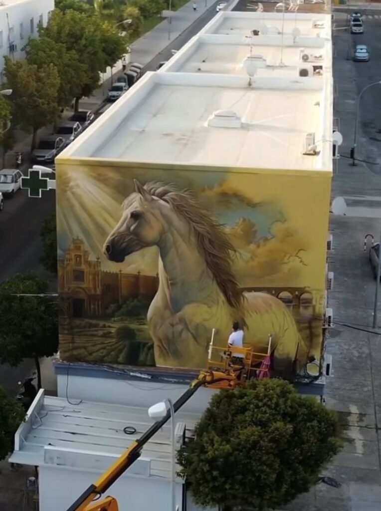 Artista elaborado un mural de gran formato con un caballo cartujano en una fachada de la barriada La Asunción en Jerez