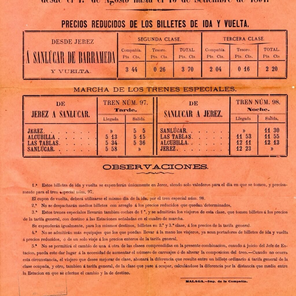 Detalle del cartel de 1891 con la tabla de precios de segunda y tercera clase, la marcha de los trenes especiales y las observaciones reglamentarias del servicio.
