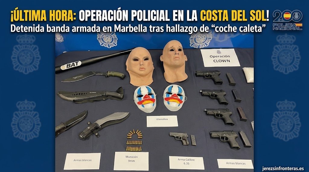 Fotografía en plano picado de una mesa de exhibición de pruebas policiales donde se muestran objetos incautados, incluyendo máscaras faciales, cuchillos, pistolas y municiones.