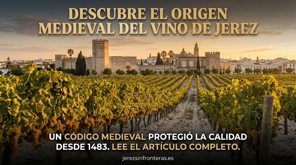 Fotografía en formato apaisado (16:9) de un viñedo en Jerez de la Frontera durante el atardecer, con racimos de uva dorada sobre tierra de albariza, el Alcázar y murallas medievales al fondo, y el titular "Descubre el origen medieval del vino de Jerez".