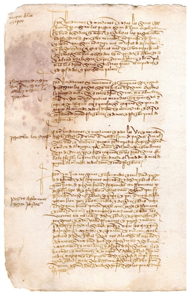 Manuscrito original de las Ordenanzas del vino de Jerez de 1483 en caligrafía gótica procesal, regulando la calidad de las seras de esparto, las marcas de almagra y la verificación pública de pesos y romanas en el Ayuntamiento.