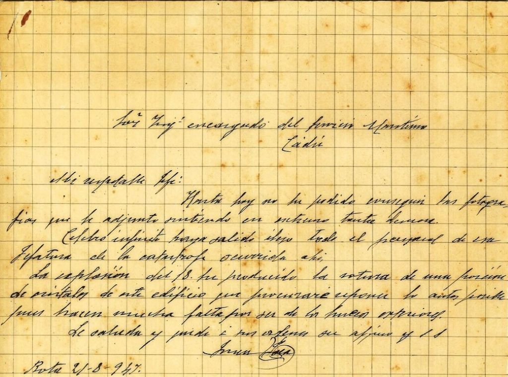 Documento escrito a mano por el farero de Rota tras la explosión de Cádiz de 1947 detallando los daños materiales