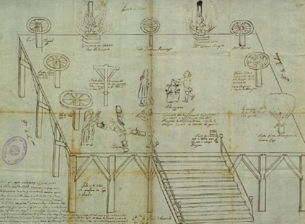 Ilustración histórica del andamio de ejecución de la familia Távora en Lisboa, episodio clave para entender la abolición de la pena de muerte en la Península Ibérica.