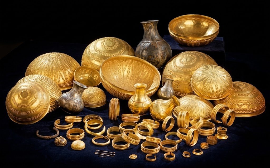 Conjunto de piezas de oro y metales prehistóricos pertenecientes al Tesoro de Villena sobre fondo negro.
