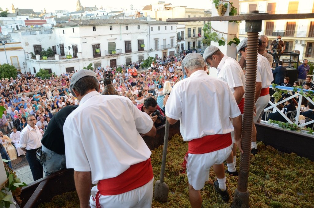 Pisa de la Uva en el Reducto de la Catedral durante las Fiestas de la Vendimia de Jerez con pisadores vestidos de blanco y multitud de asistentes de fondo.